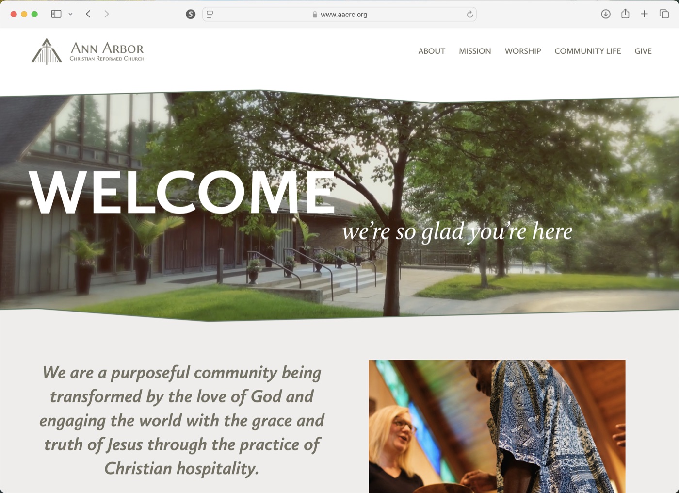 The redesigned Squarespace aacrc.org homepage — a calm welcome image, five-item navigation, and a clear mission statement