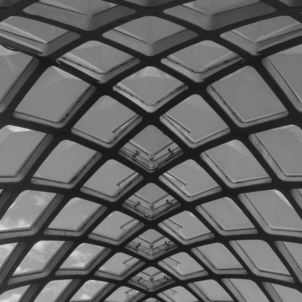 Looking up into a latticed building ceiling of repeating diamond skylights