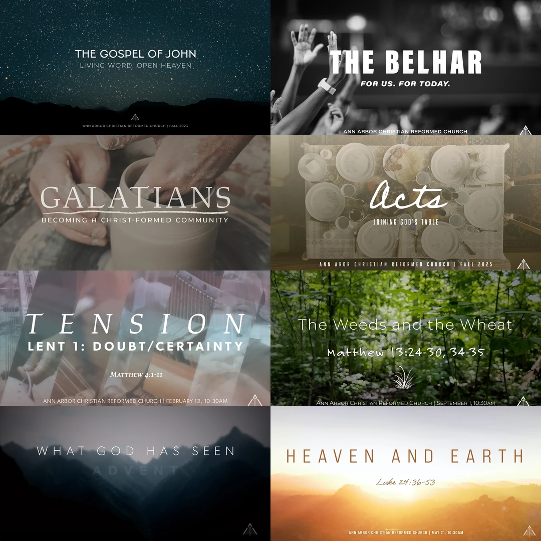 A grid of teaching-series identity title cards — John, the Belhar, Galatians, Acts, Tension, Ordinary Time, Advent, and Easter