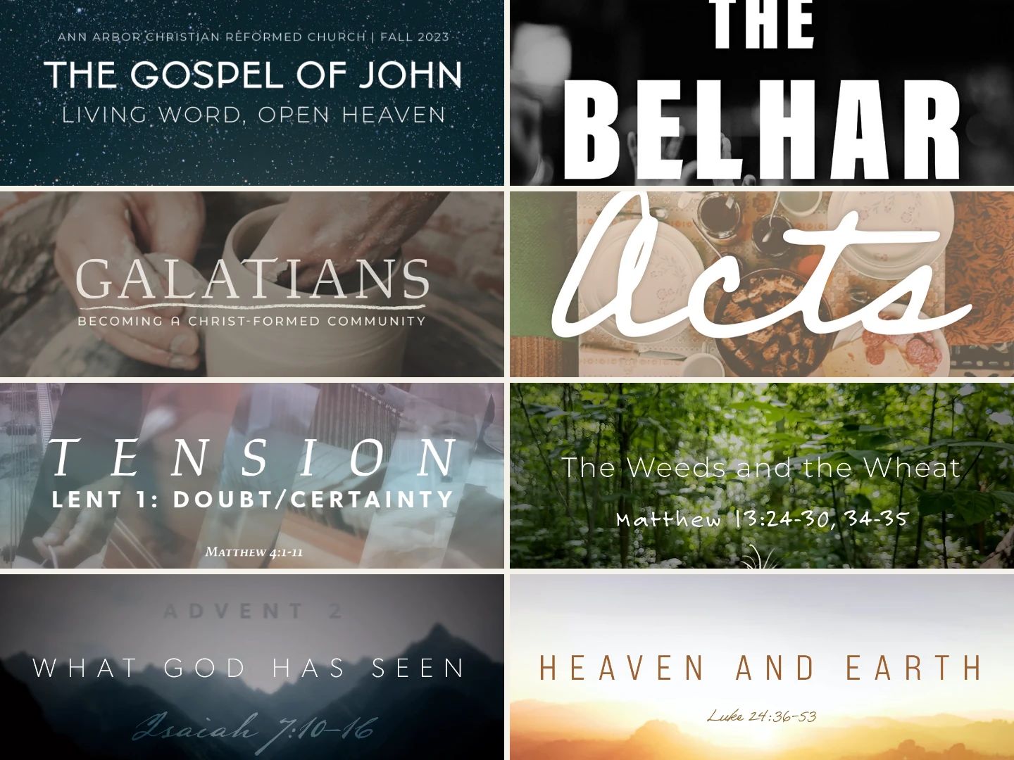 A grid of teaching-series brand identity title cards — John, the Belhar, Galatians, Acts, and more
