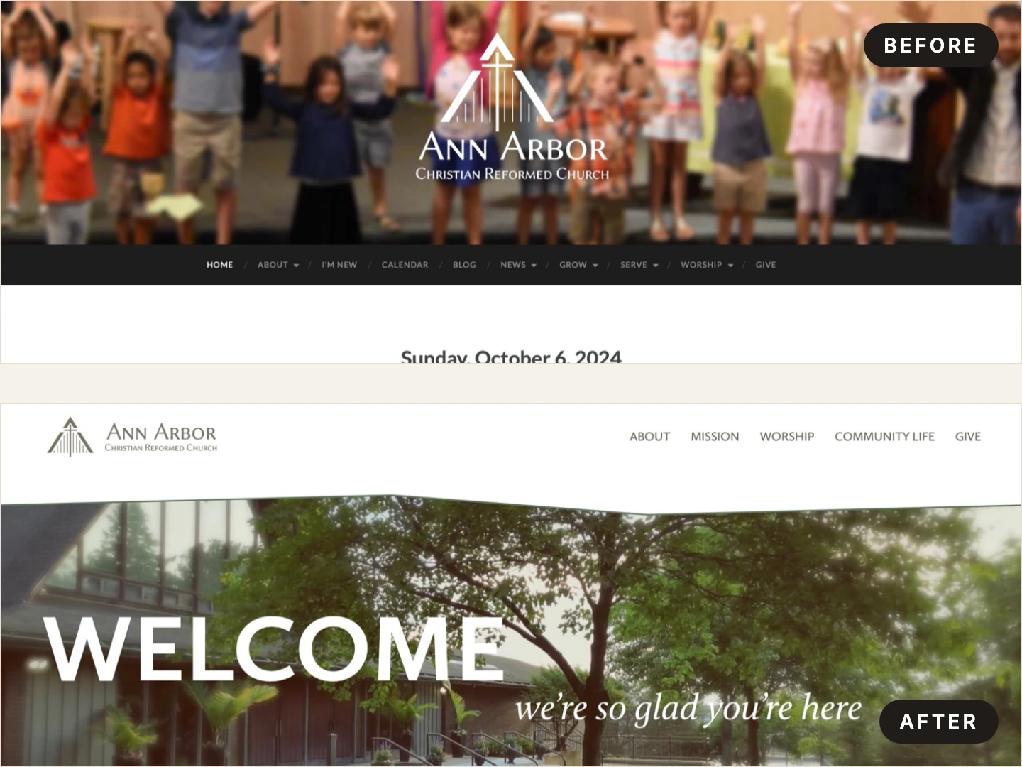 Before-and-after screenshots of the aacrc.org redesign, split on a diagonal